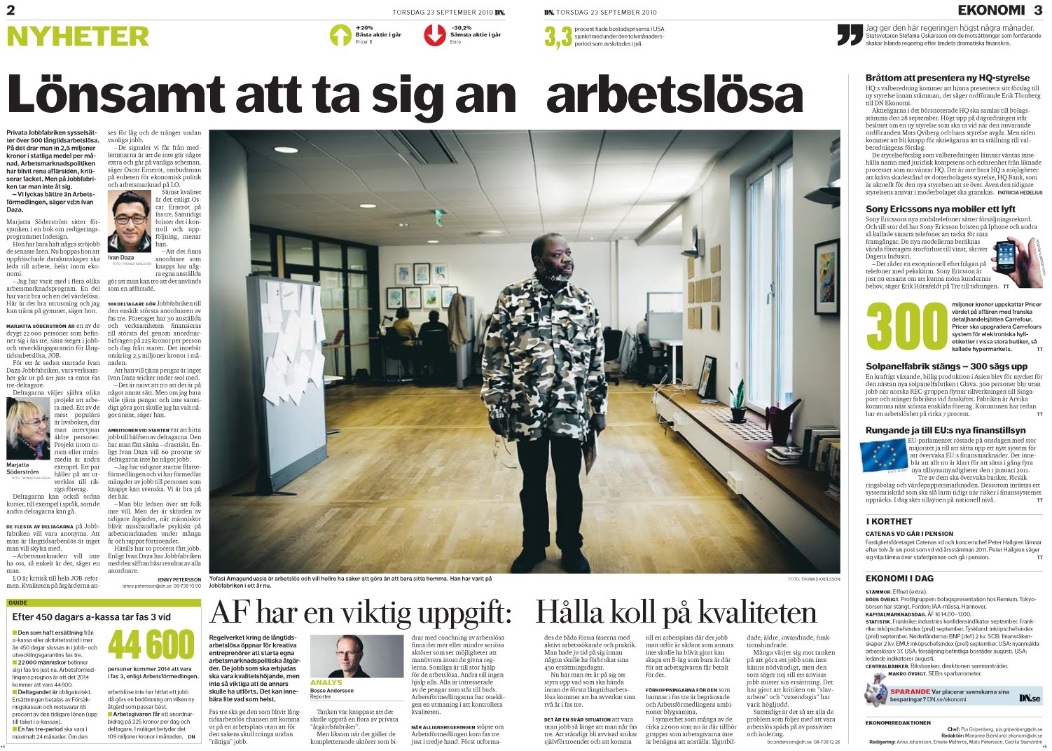 Dagens Nyheter 23 september 2010 — uppslaget Lönsamt att ta sig an arbetslösa om Jobbfabriken