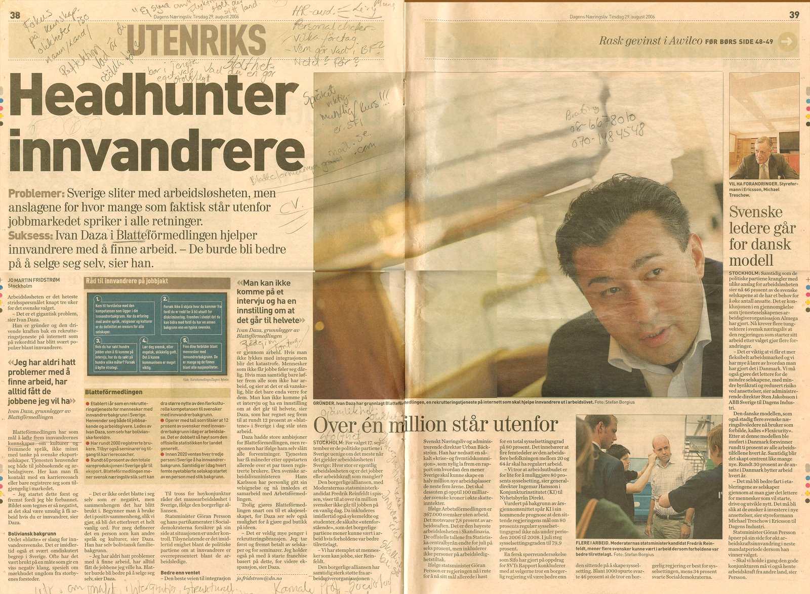 Dagens Næringsliv 29 augusti 2006 — uppslag med rubriken Headhunter innvandrere om Ivan Daza och Blatteförmedlingen