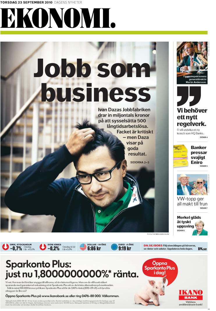 Dagens Nyheter Ekonomi 23 september 2010 — förstasidan Jobb som business med Ivan Daza