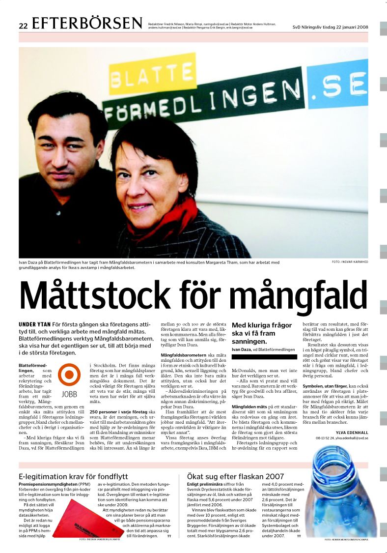 SvD Näringsliv Efterbörsen 22 januari 2008 — Mångfaldsbarometern med Ivan Daza och Margareta Tham