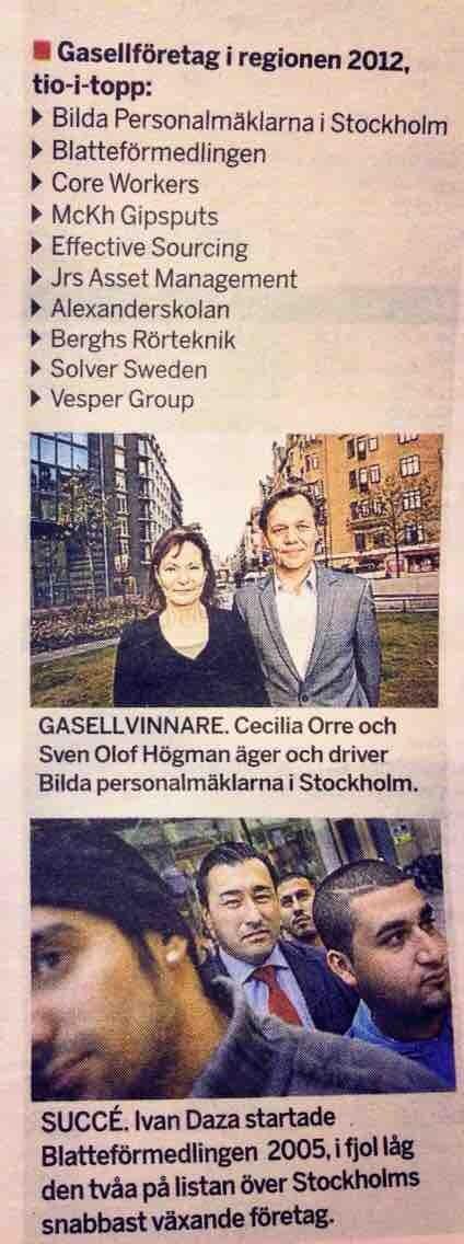 Dagens Industri clipping listing Blatteförmedlingen among Stockholm's 2012 Gasell companies
