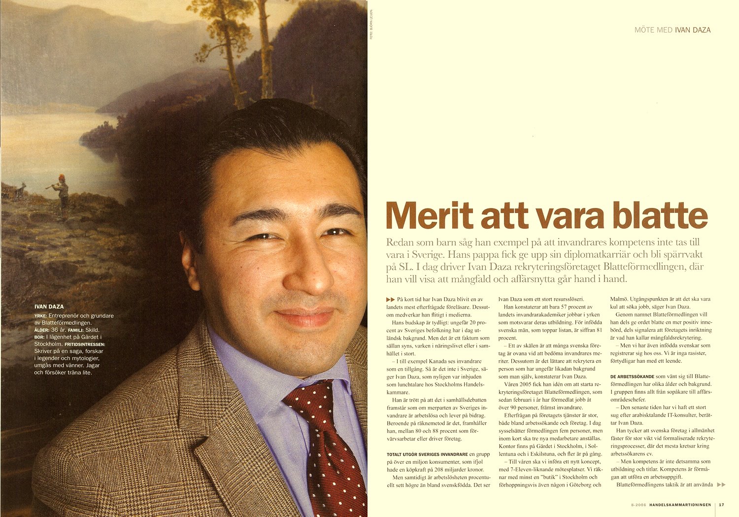 Handelskammartidningen nr 8 2006 — porträttintervju med Ivan Daza, sidan med rubriken Merit att vara blatte